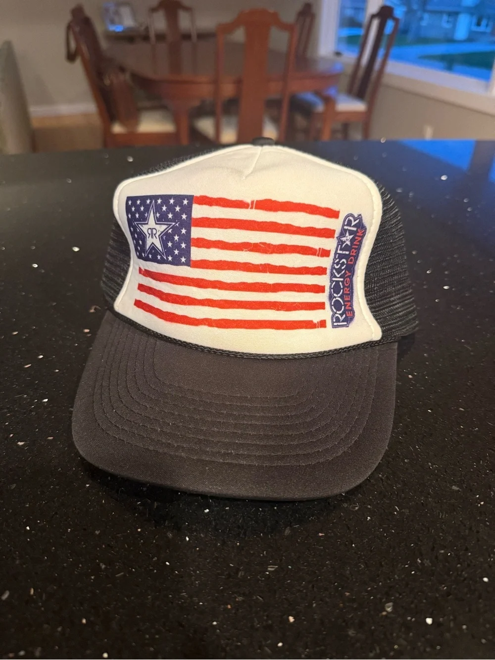 Rockstar Energy Flag Trucker Hat - Black and White with Red & Blue